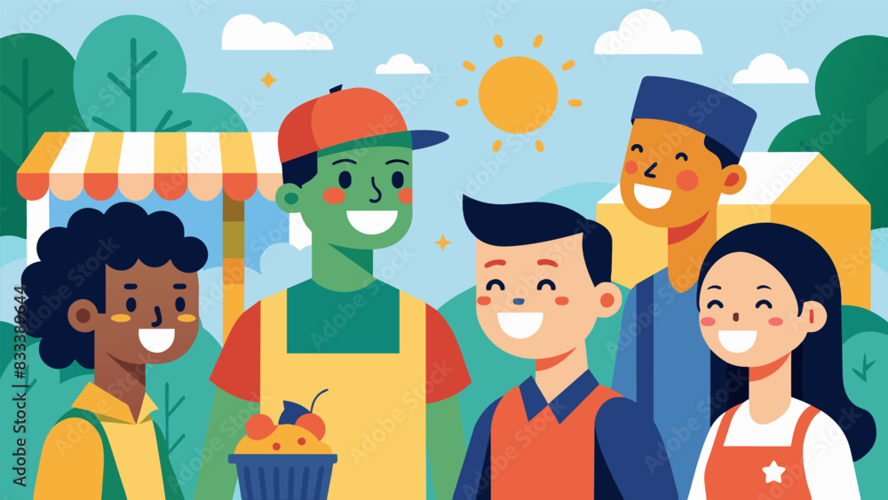 Poster smiling faces and friendly conversations between the vendors and their customers creating a warm and