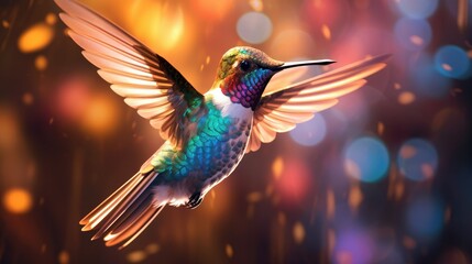 A graceful hummingbird hovering in mid-air, its iridescent feathers shimmering in the sunlight.