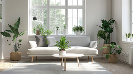 Living room with a light gray sofa, a simple white coffee table with wooden legs, and a row of small potted plants on the windowsill 