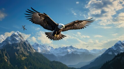 A majestic eagle soaring through the sky, its wings outstretched against a backdrop of towering mountains. 