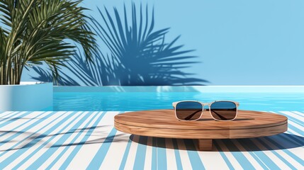 Obraz premium Sunglasses on a wooden table by a pool with palm leaves.