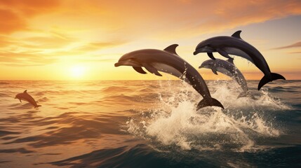 Obraz premium A playful group of dolphins leaping out of the ocean, their sleek bodies glistening in the sunlight. 
