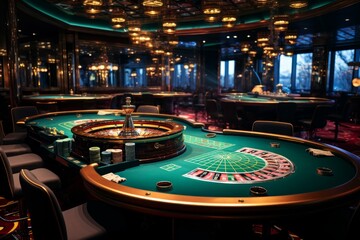 Elegant, high-end casino setting featuring a roulette table with chips and a wheel, dimly lit for atmosphere