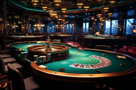 Elegant, high-end casino setting featuring a roulette table with chips and a wheel, dimly lit for atmosphere