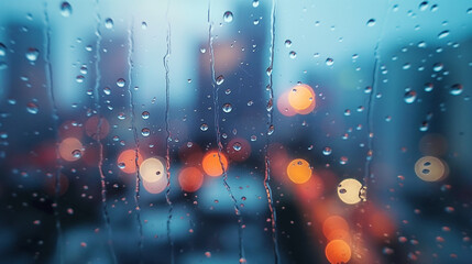 A collection of raindrops on a window with a blurry cityscape background. The raindrops are arranged in a way that creates a sense of moodiness and texture