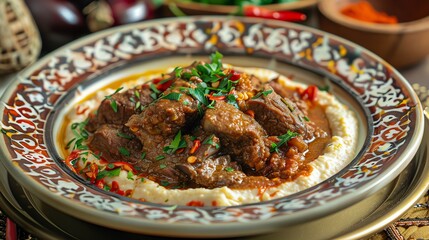 A delicious and hearty meal of lamb stew with creamy hummus