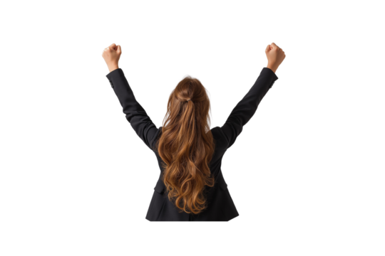 Women in black suits stand back and raise both hands above the head. On transparent background. Generative ai illustration.