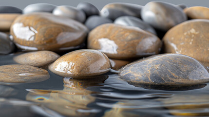 A collection of smooth river stones with a flowing water background. The stones are arranged in a way that creates a sense of calmness and natural beauty