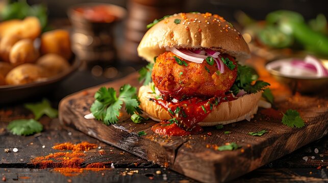 Vada pav, spicy potato fritter in a bun, served on a rustic wooden board with a bustling Mumbai street food market scene