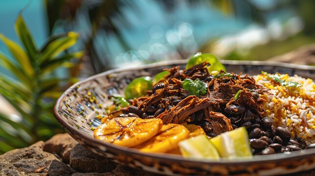 Venezuelan pabellon criollo, shredded beef with black beans, rice, and fried plantains, served on a rustic plate with a tropical beach scene