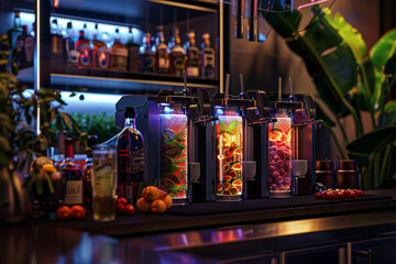 A futuristic home bar with AI-powered mixology assistance, automated drink dispensers, and interactive cocktail recipe suggestions for at-home bartending enthusiasts.