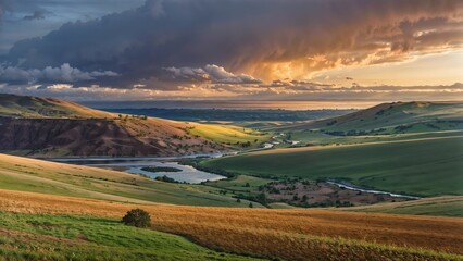 A scenic valley featuring a flowing river winding through the landscape