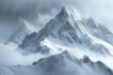 Windswept, snow-dusted peaks reaching high into a cloudy, gray sky.