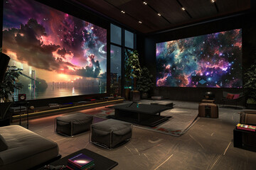 A high-tech entertainment room equipped with a state-of-the-art sound system, immersive virtual reality setup, and AI-generated artwork displayed on the walls.