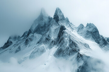Windswept, snow-dusted peaks reaching high into a cloudy, gray sky.