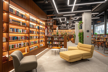 A modern library with AI-powered book recommendations, digital archives, and a cozy reading nook equipped with adjustable lighting and ergonomic seating.