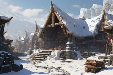 Fototapeta premium Picturesque medieval village with traditional houses blanketed in snow under a sunny winter sky