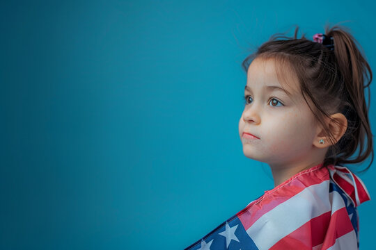 Profile of a little girl with an American flag and serious expression, royal blue backdrop.