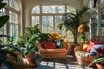 A sun-drenched conservatory filled with potted plants, rattan furniture, and colorful throw pillows.