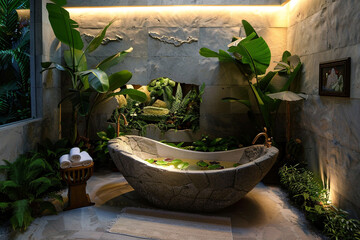 A tranquil bathroom oasis with a freestanding bathtub carved from stone, surrounded by lush greenery, and soft ambient lighting, creating a serene spa-like atmosphere.