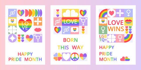 Obraz premium Set 3 colorful festive cards for Pride Month. Modern design with geometric shapes. Stylized hearts, rainbow, gender symbols. Template for card, poster, flyer, banner, cover