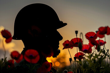 Soldier's helmet silhouette and vibrant red poppies for a poignant Memorial Day image.