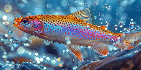 A rainbow-colored fish with sparkling water droplets, Vibrant trout swimming in sparkling water with vivid colors and detailed scales, showcasing the beauty of aquatic life in a dynamic and lively sce