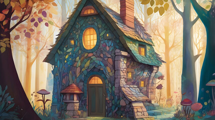 Obraz premium A detailed and whimsical illustration of a Dreamy house constructed entirely from soft, colorful feathers.