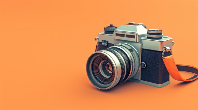 Classic DSLR camera on orange color background