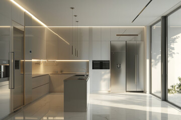 A sleek, minimalist kitchen bathed in natural light, with futuristic AI-controlled appliances seamlessly integrated into the design.