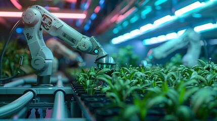 Advanced robotic harvesting machines working in a smart greenhouse with hydroponic systems and LED lighting