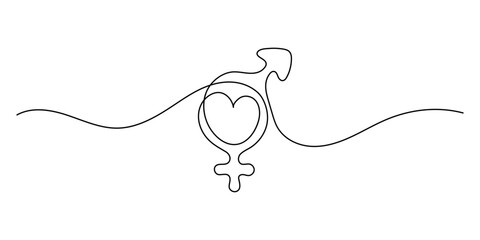 One solid line gender symbol on white background. One line with masculine and feminine signs. minimalist graphics © Maryna