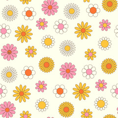 Colorfull seamless pattern with groovy daisy on the white background