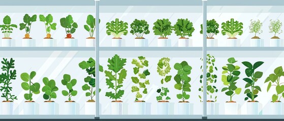 Vector illustration of various green leafy plants growing in transparent containers on shelves, showcasing diverse indoor gardening.