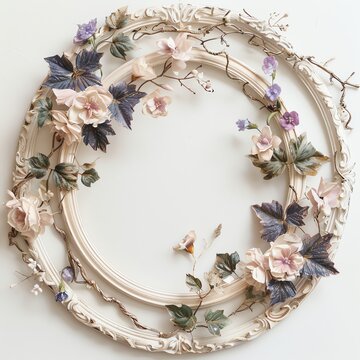 Elegant floral wreath with vintage frame, perfect for wedding invitations or romantic projects.