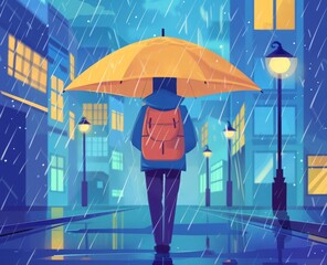 man in the rain cartoon flat illustration.