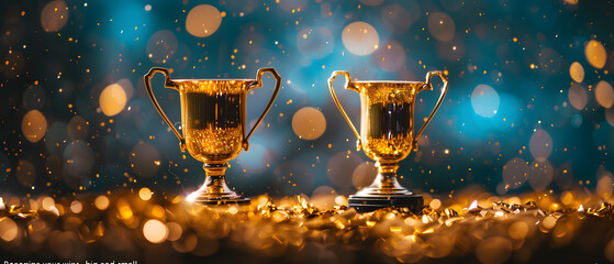 Obraz na płótnie Canvas Two golden trophies on a gold surface with a bokeh background.