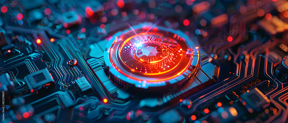 Poster a glowing red and blue circuit board with intricate patterns.
