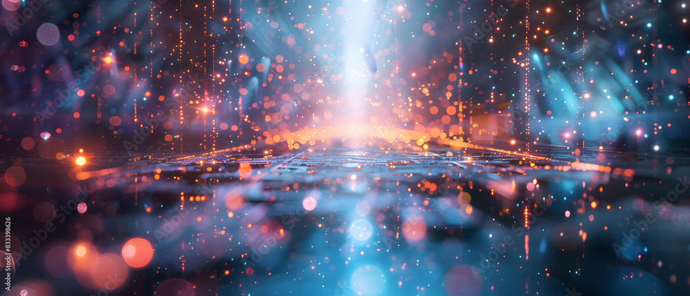 Poster abstract glowing particles and bokeh lights over a reflective surface.
