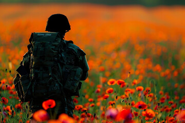 Soldier's equipment in silhouette, vibrant poppy field backdrop for Memorial Day tribute.