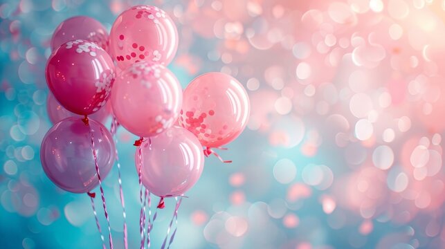 Pink balloons with confetti against a pastel blue and pink bokeh background.