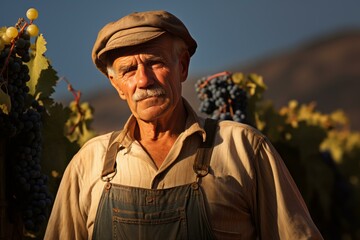 Elderly vintner standing in vineyard during golden hour, showcasing ripe grapes