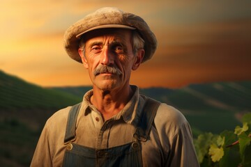 Elder farmer stands proudly in his vineyard at sunset, reflecting dedication