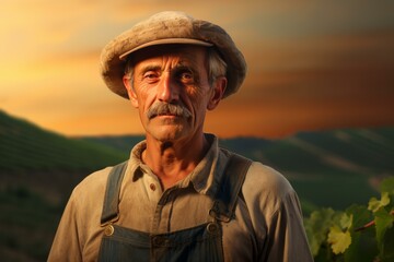 Fototapeta premium Elder farmer stands proudly in his vineyard at sunset, reflecting dedication