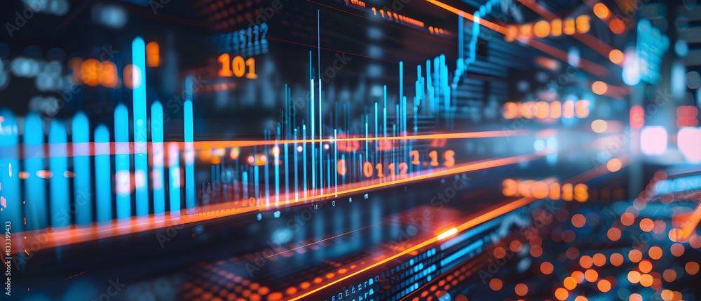Poster a digital display of stock market charts with vibrant blue and orange lines and numbers, creating a 