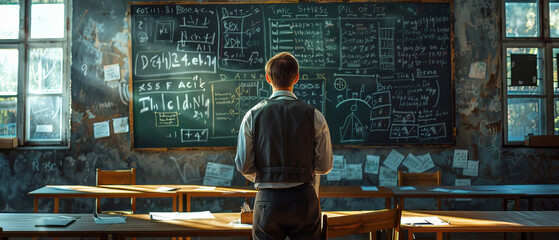 Teacher in classroom, appearing troubled while grading papers, chalkboard filled with complex equations