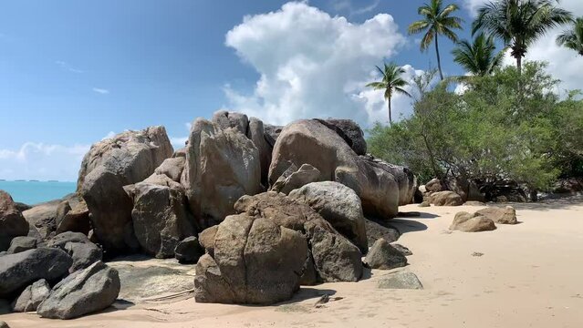 Indonesia,Sungailiat-Bangka Belitung April 15 2024, Parai Beach, sea and sky on a sunny day. with stretches of clean white sand and large piles of rocks