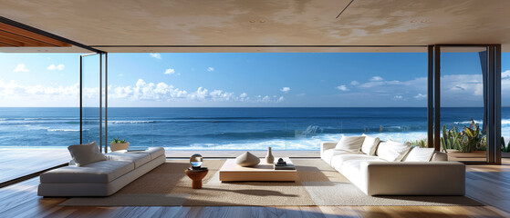 Fototapeta premium Stylish beachfront living room with minimalist interior and expansive ocean views, perfect for advertising posters