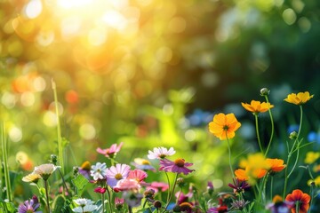 Obraz premium beautiful cosmos flower field, summer and spring banner, colourful flowers