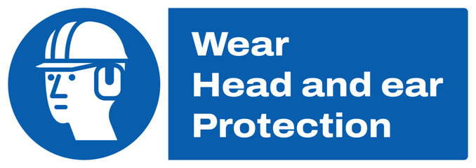 ISO mandatory safety signs_wear head and ear protection landscape size 1/2 a4,a3,a2,a1